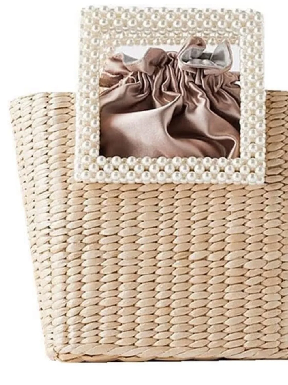 Pearl Handle Woven Straw Tote Bag in Natural and Blush
